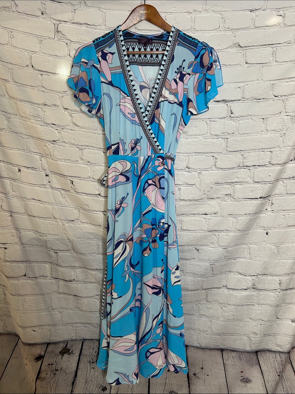 Hale Bob Blue Floral V-Neck Wrap Maxi Dress Size Medium Excellent Condition